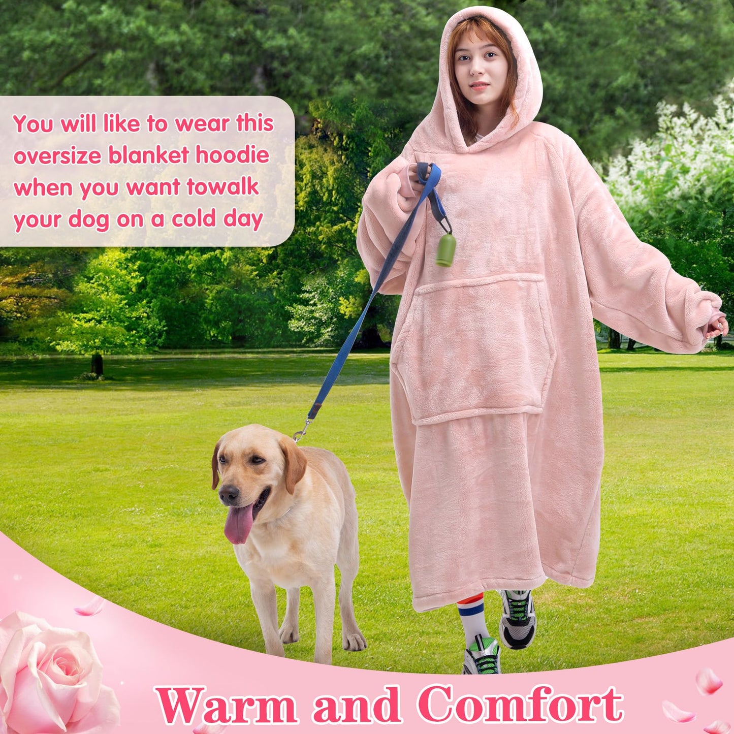 Waitu Wearable Blanket Sweatshirt Gifts for Women and Men, Super Warm and Cozy Giant Blanket Hoodie, Thick Flannel Blanket with Sleeves and Giant Pocket - Pink