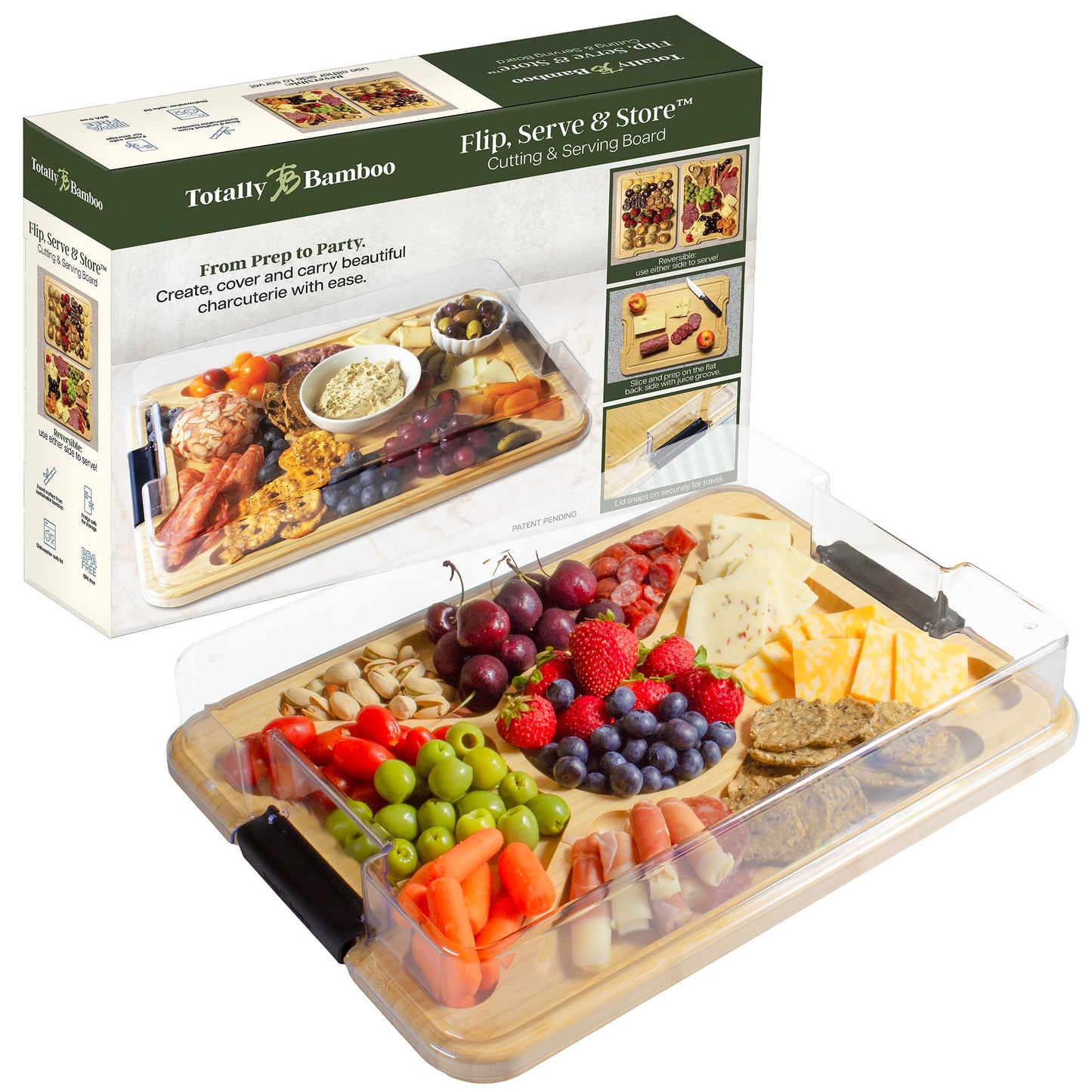 Totally Bamboo Flip, Serve & Store Charcuterie Board with Lid, Reversible Bamboo Cutting Board and Portable Cheese Tray with Compartments, Locking Travel Cover, 15.5 x 11.5 Inches