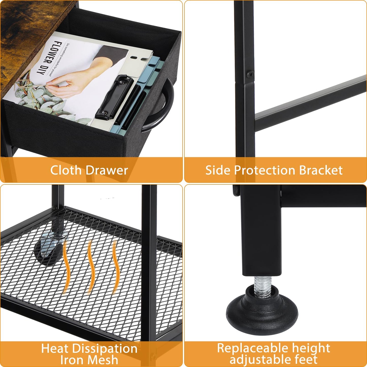 YBING Computer Tower Stand PC Tower Stand with Storage Drawer Mobile CPU Holder Stand with Caster Wheels 2 Tier Rolling Computer Tower Cart for Home Office Fax, Rustic Brown