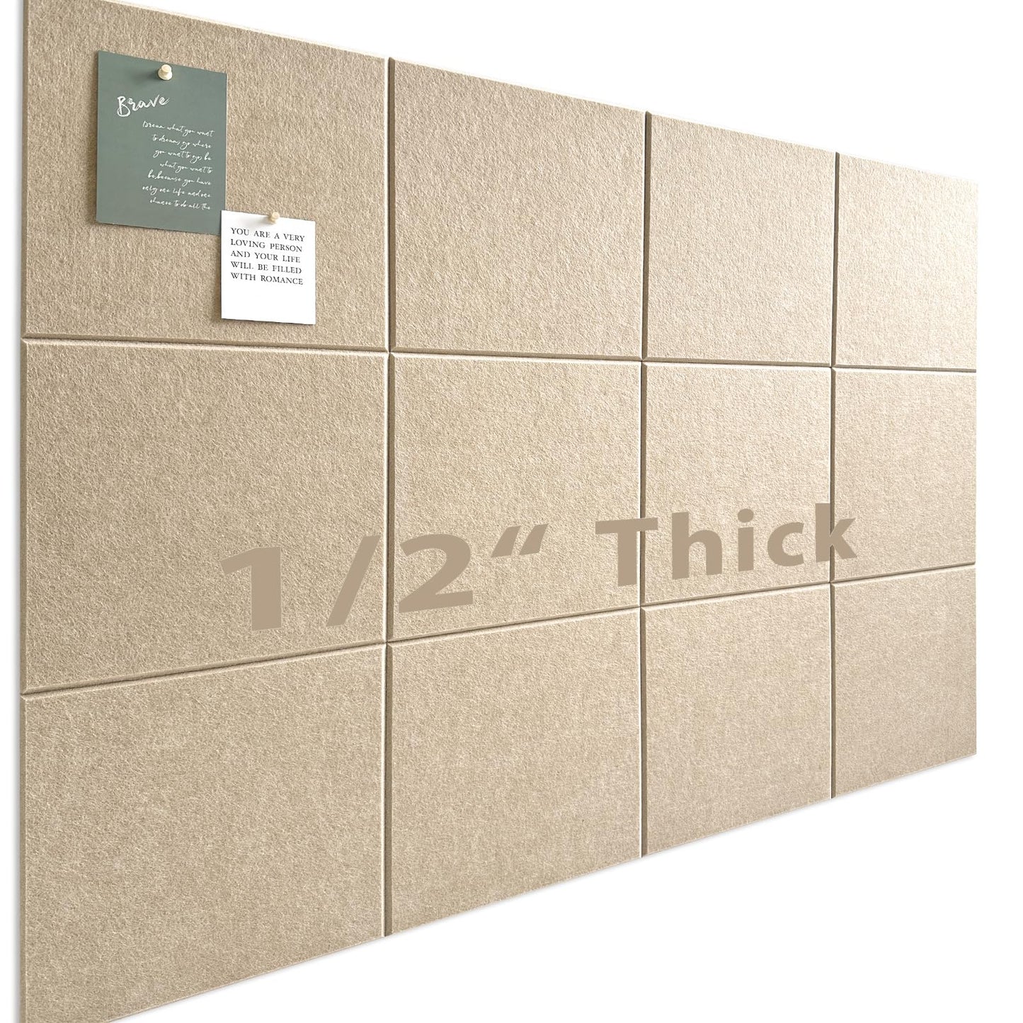 Large Cork Board for Office Wall Decor, 48"x36"- 12 Pack Felt Wall Tiles with Safe Removable Adhesive Tabs, 1/2" Thick, Felt Bulletin Board Pin Board Cork Boards for Walls - Tan