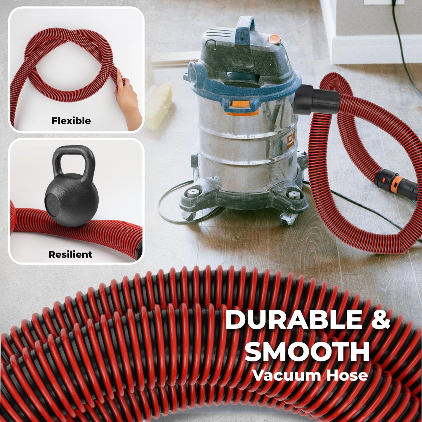16FT Shop Vac Hose with 6 Adapter Attachments,Fits 1-1/4" Vacuum Cleaner Hose,Multi-Size Fittings0.9" to 1-3/4",Universal Shop Vac Accessories (Please Confirm Hose Size Compatibility)