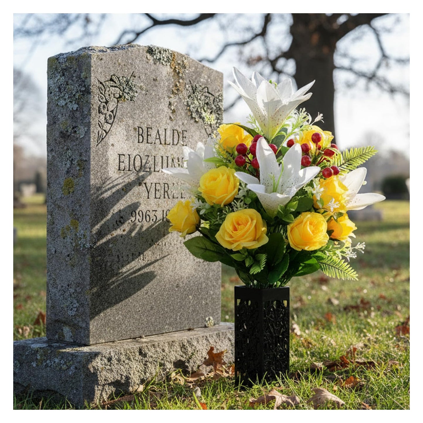 RUMEAVAO 2 Sets Artificial Silk Cemetery Flowers, Memorial Flowers for Gravesite, Blue & Yellow Roses Lily Bouquet, Memorial Day Mother's Day Grave Decorations