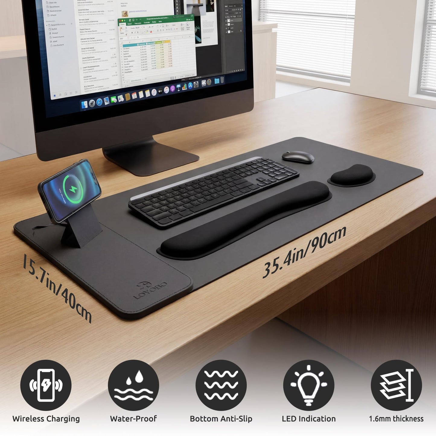15W Magnetic Wireless Charging Desk Pad with Ergonomic Tilt Phone Stand, 35×15in XXL Foldable PU Leather Mouse Pad with Keyboard & Mouse Memory Foam Wrist Rest for Gaming Office Home Minimalist Desk