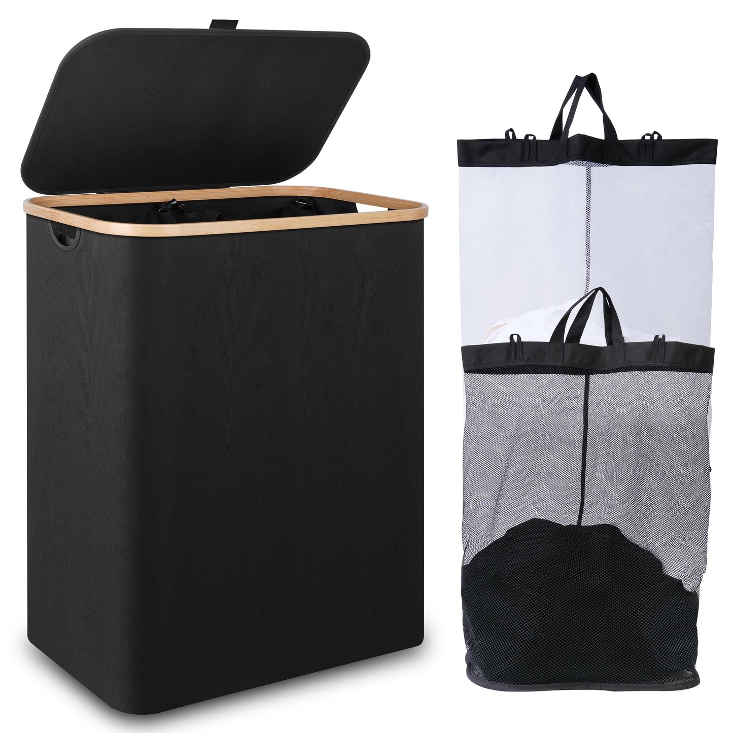 iEGrow 150L Laundry Basket with Lid,Large Laundry Hamper with Bamboo Handles, Hampers for Laundry, Dirty Clothes Hamper with 2 Removable Inner Bags for Clothes Towels,Black