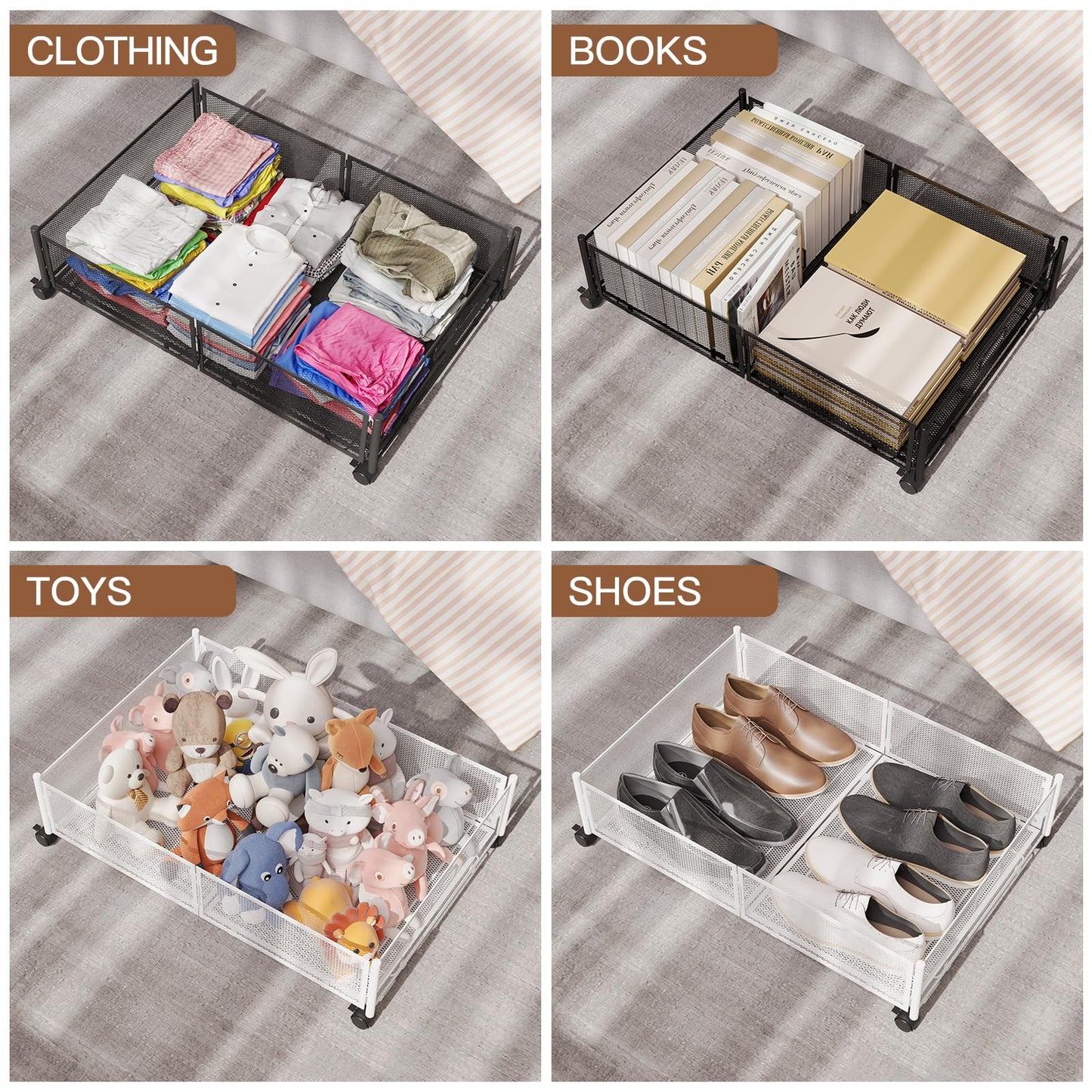 Gawerk Under Bed Storage with Wheels, Foldable Metal Mesh Underbed Storage Container Bins, Tool-free Assembly Clothes Drawer Organizer,2Pack