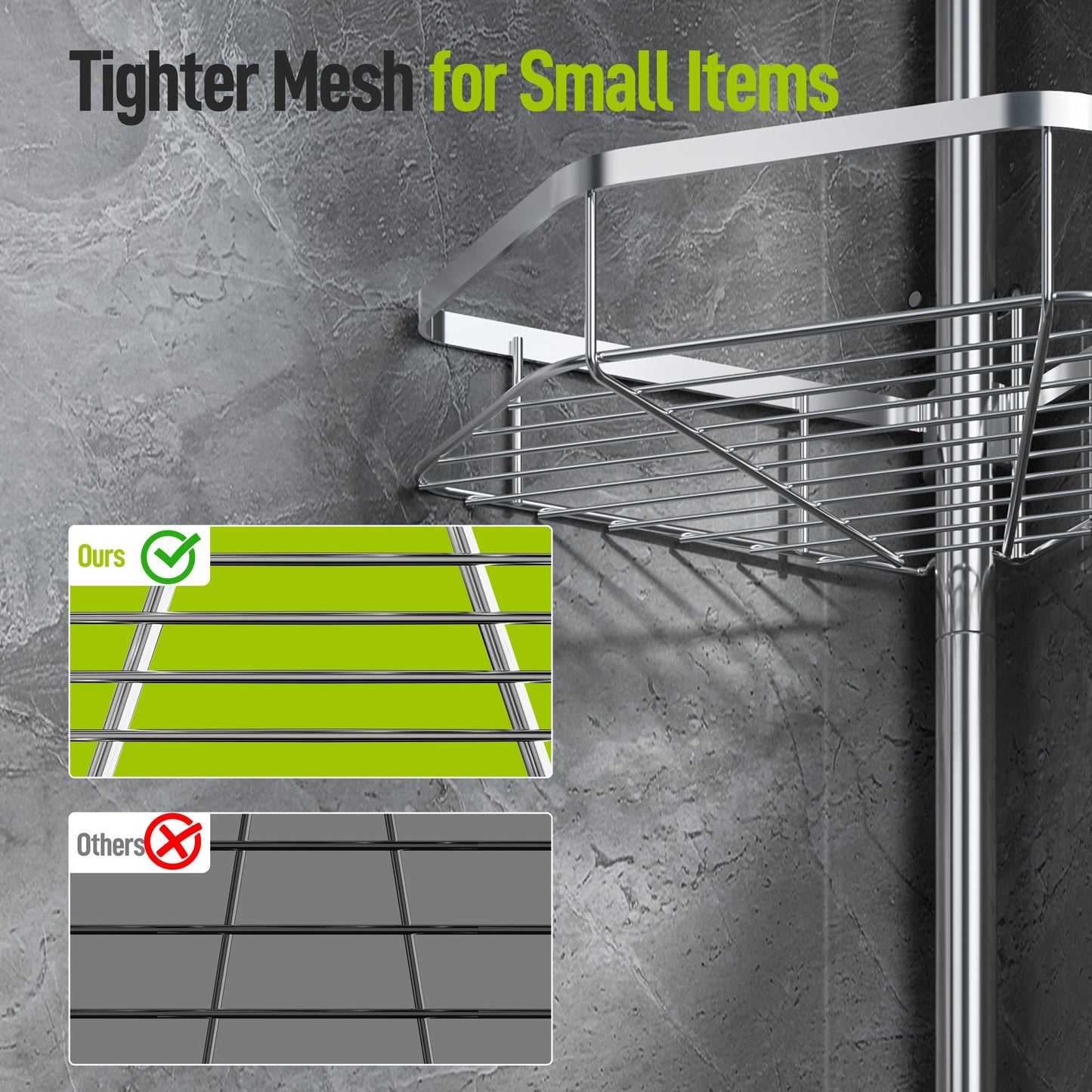 LAMU Shower Caddy Corner Tension Pole, Stainless Steel Shower Organizer, Strong Spring, 5 Adhesive Pads, 2.4 in Non-Slip Grid Base, Adjustable 4-Tier Basket, 4 Hooks, Fits Heights 37.8-124 in, Silver