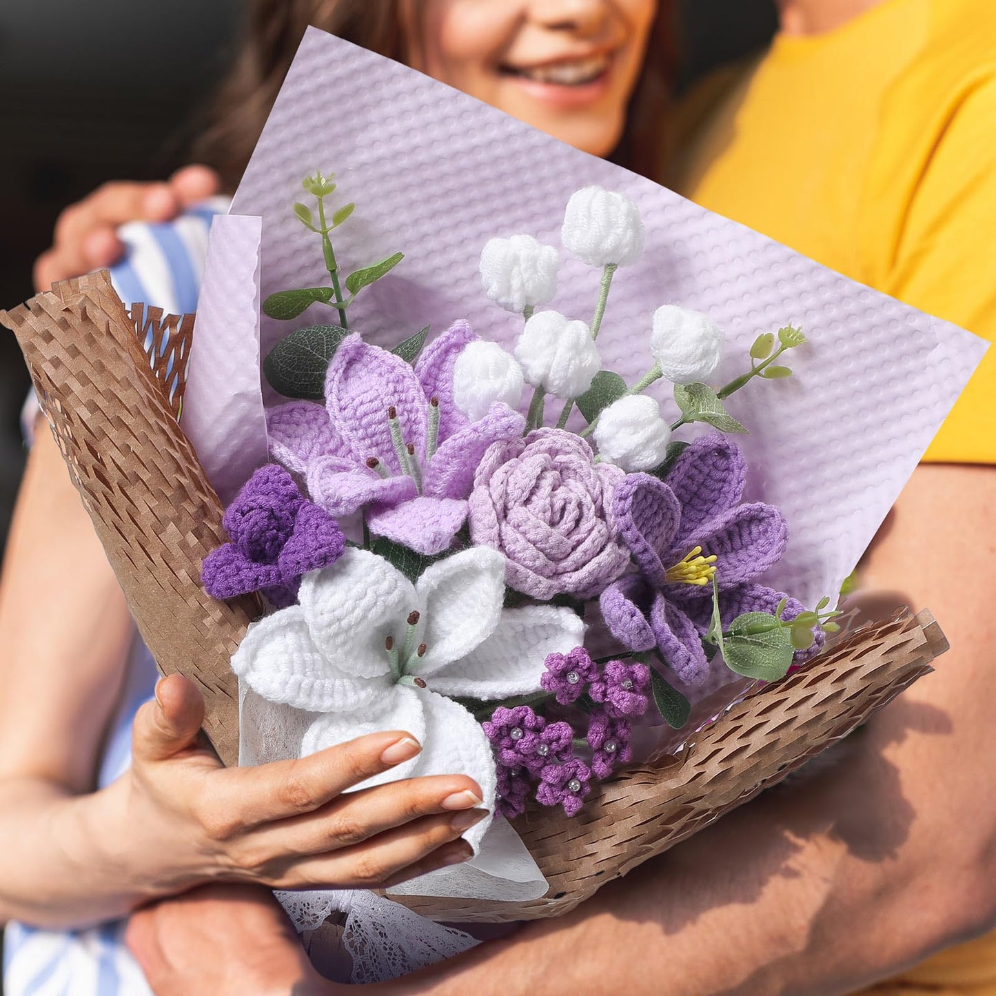Juinte Graduation Crochet Flower Bouquet Gift Completed Handmade Knitted Bouquet with Lily Tulips Rose for Graduation Birthday Wedding Summer Home Women(Purple)