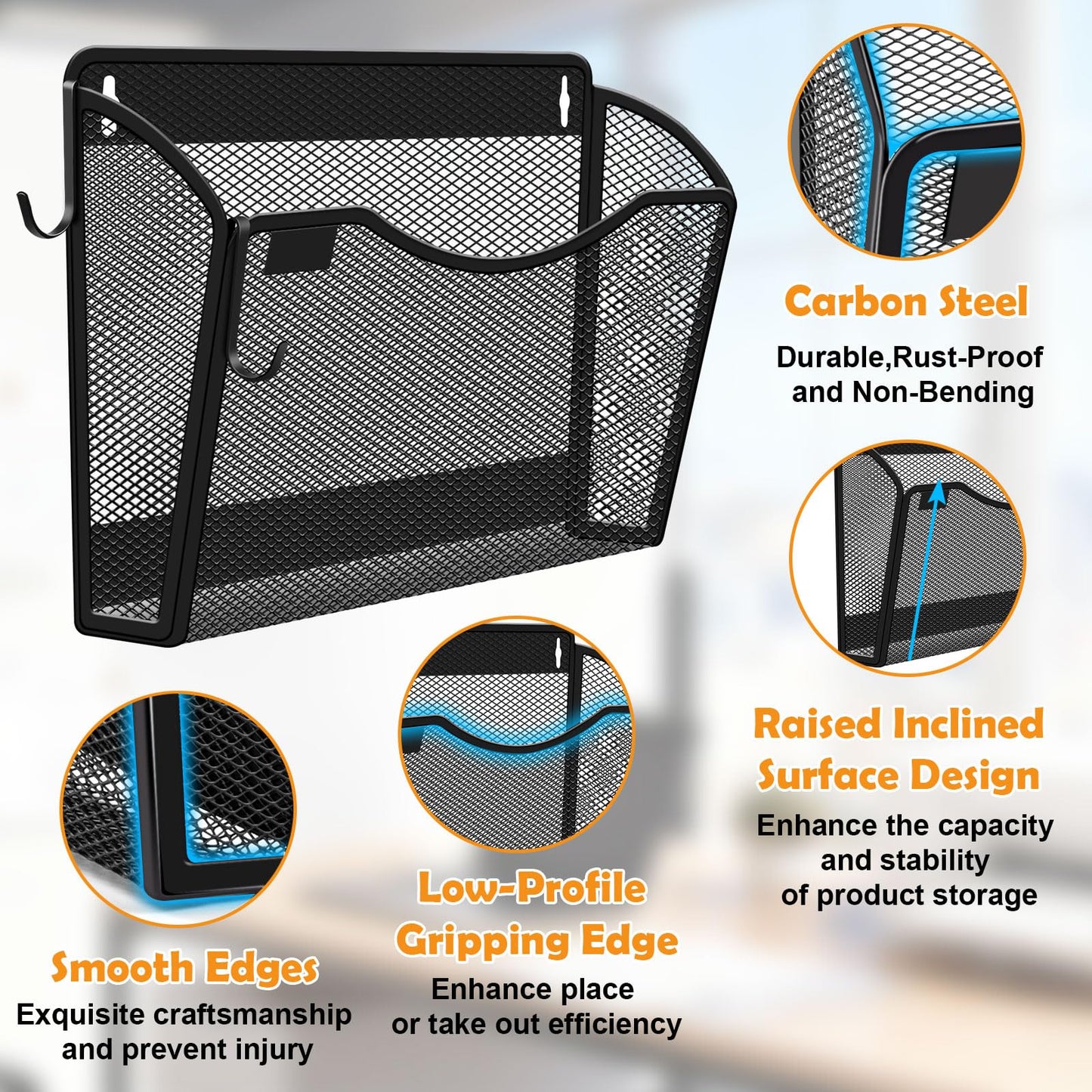 Magnetic File Holder, 3PCS Wall Hanging File Paper Mail Organizer with Removable Hooks, No Drilling Magazine Document Holder for Whiteboard, Refrigerator, File Cabinets, Washing Machine, Office,Black
