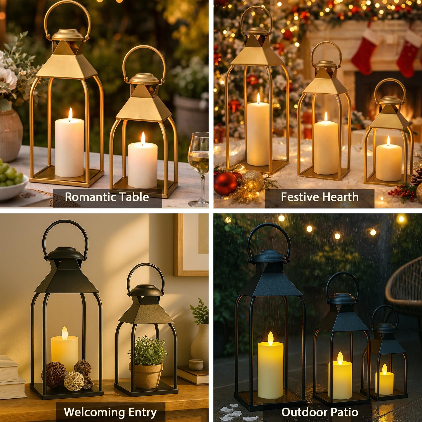 Decorative Metal Lanterns Indoor Outdoor, Candle Holder for Porch, Patio, Fireplace, Floor, Wedding, Christmas, Fall, Holiday, Farmhouse Table Centerpiece (Antique Gold, Set of 3 20" 15.7" 12")
