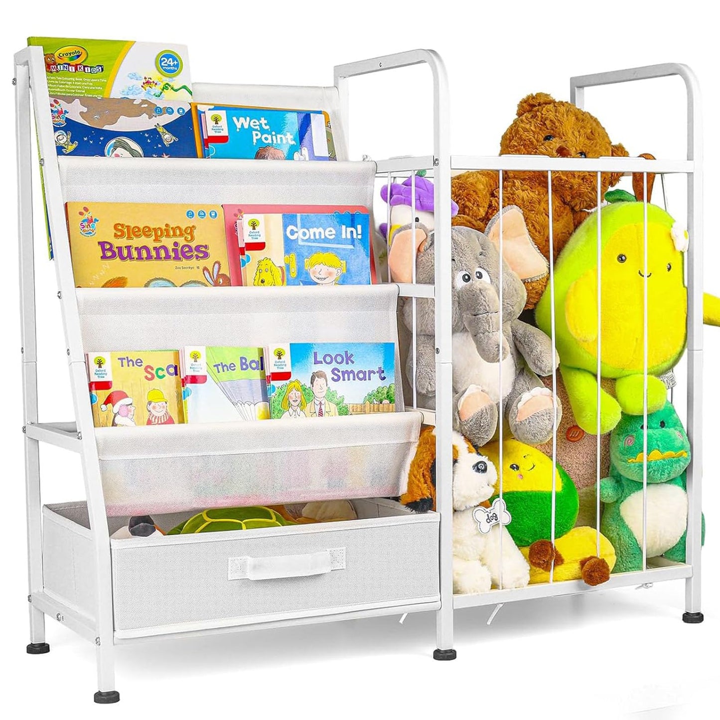 Kids’ Bookshelf & Stuffed Animal Storage – Large White 3-Tier Book Display Rack with Sling Shelves & Fabric Toy Chest | Toy Organizer for Playrooms, Bedrooms, Nurseries