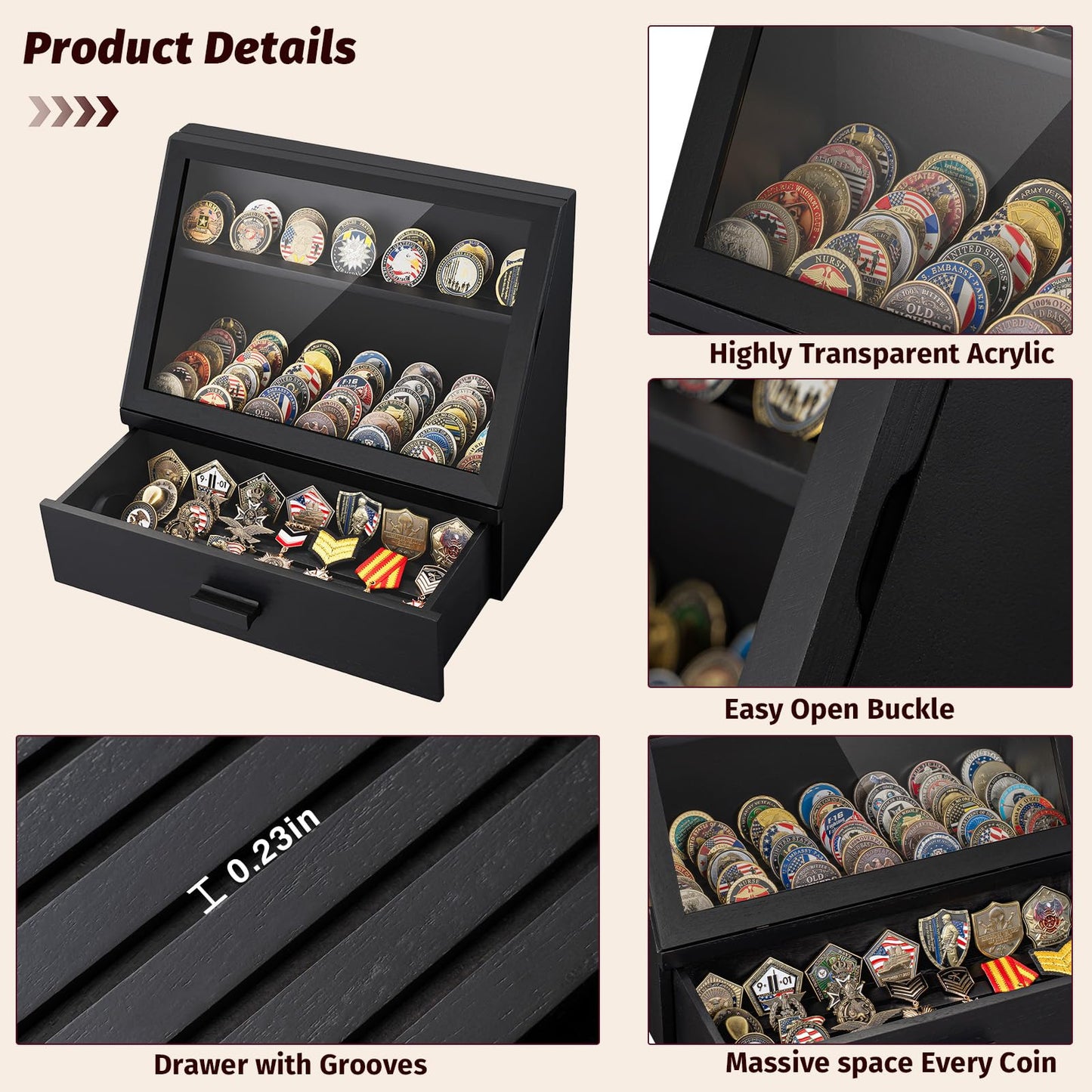 Yoimori Challenge Coin Display Case, 13 Rows Solid Wood Military Coin Holder Display Stand, Holds up to 100 Coins or Medals, Clear Acrylic Cover with Drawer for Collectors (Black)
