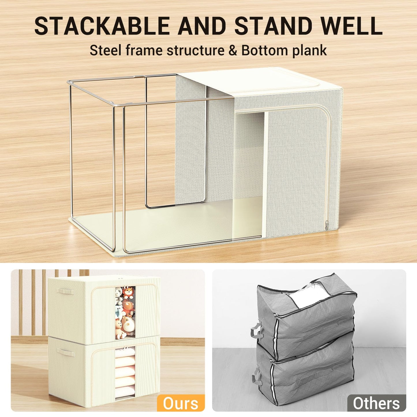 LeArex Clothes Storage Bins with Metal Frame, Foldable Clothes Organizers Storage Containers for Clothes, Sheets, Blankets, Pillows and Towels (66L, 3 Pack) Beige