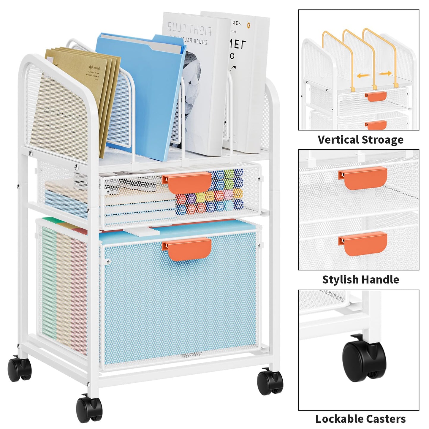 Marbrasse Rolling file Cart with Adjustable Dividers, Mobile File Cabinet on Lockable Wheels, Office Filing Cabinet Organizer, Hanging File Folder Organizer for Home Office - White