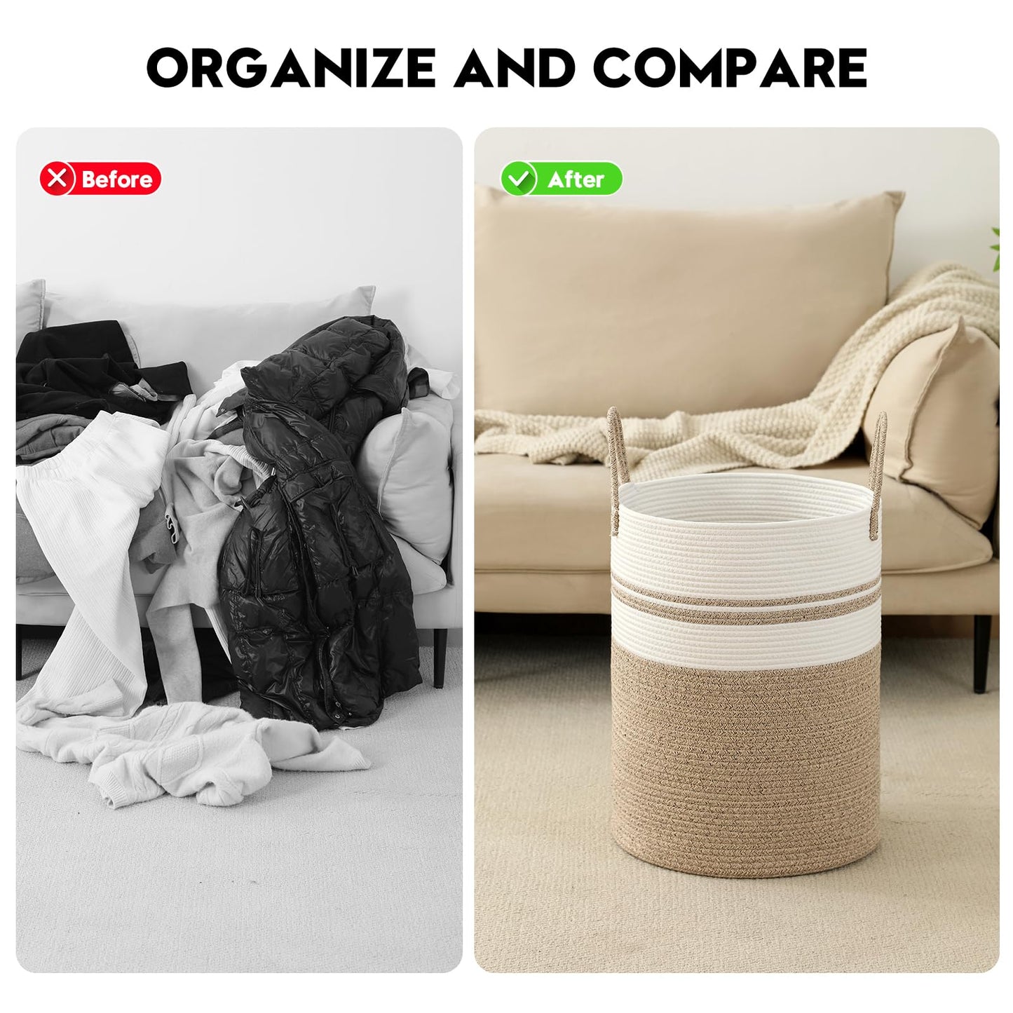 Laundry Basket Hamper Tall Rope Storage Woven for Blanket toys Dirty Clothes in Living Room Bathroom Bedroom (Brown&White, 80L/21.3Gal)