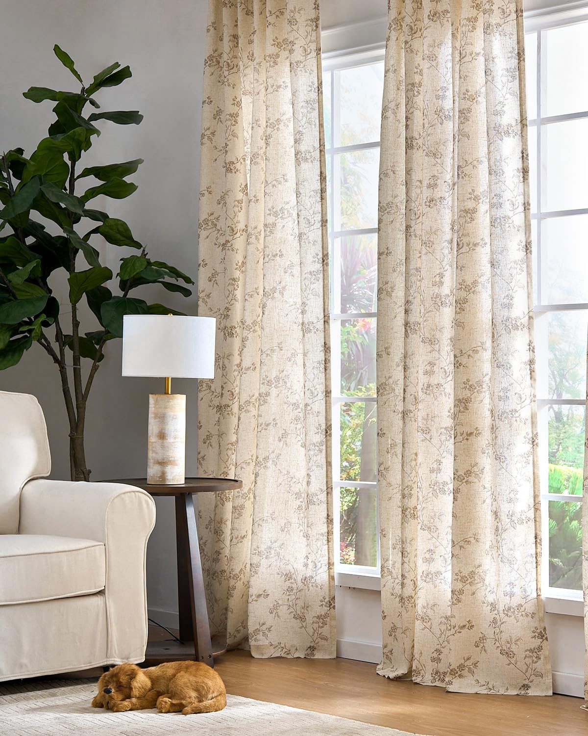 jinchan Linen Floral Curtains for Living Room 84 Inch Length Taupe Printed Curtains Back Tab French Country Farmhouse Flower Patterned Drapes Bedroom Window Curtain Set 2 Panels