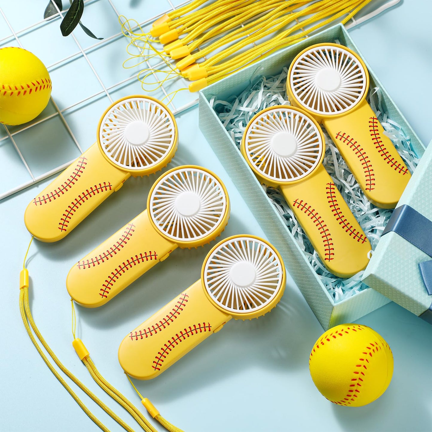 Honoson 12 Pcs Mini Portable Softball Fan Bulk Small Personal Handheld Fan with Lanyard for Team Gift Game Outdoor Sport Party Favors, Battery Not Include(Yellow)