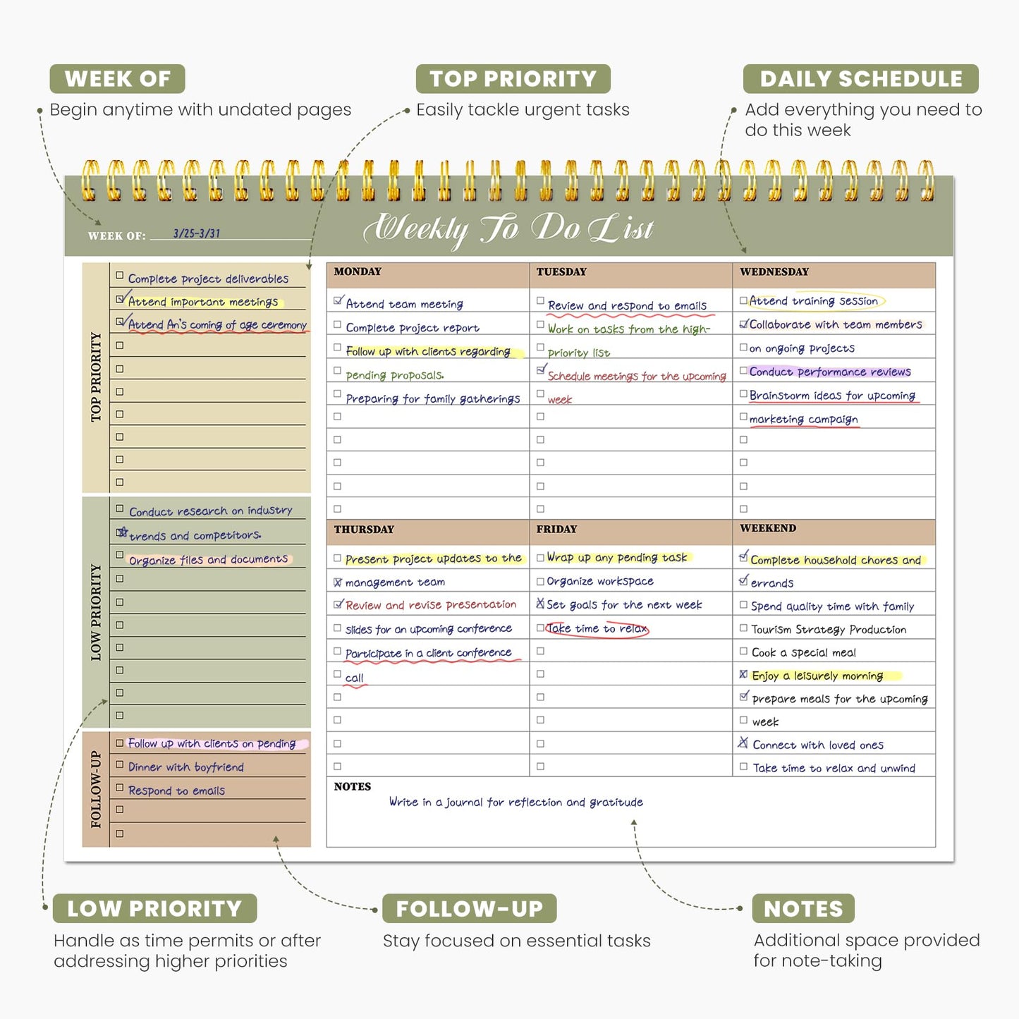 Weekly To Do List Notepad with 52 Undated Sheets（8.5"×11"）6 Pack - Undated Weekly Planner Notepad for Office Desk Accessories and Supplies - Forest Shades