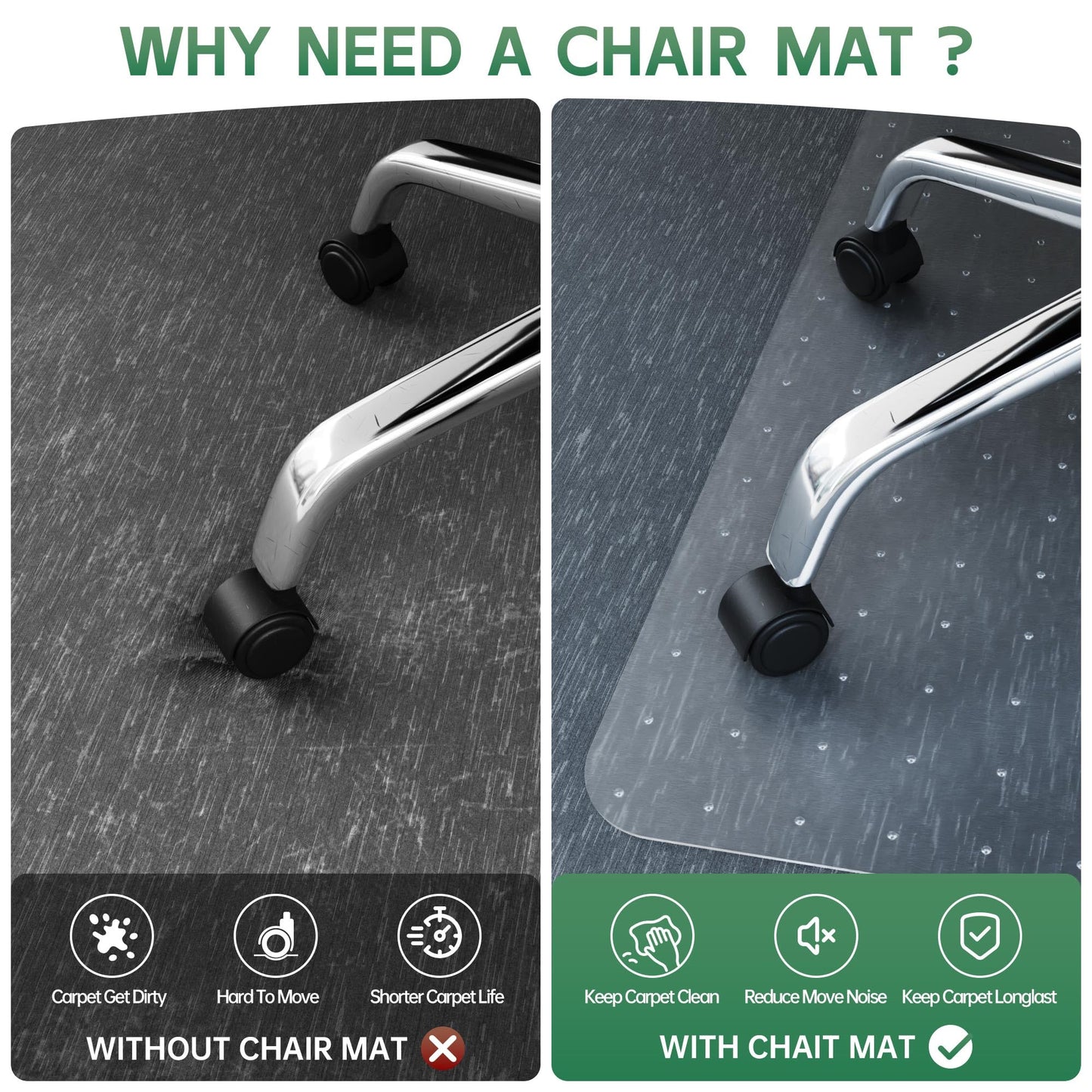 Office Chair Mat for Carpet - Clear Thick Desk Chair Mat for Carpet Plastic Floor Mats for Rolling Work and Gaming Chairs with Studs for Low Pile, Flat and No Carpeted Floors