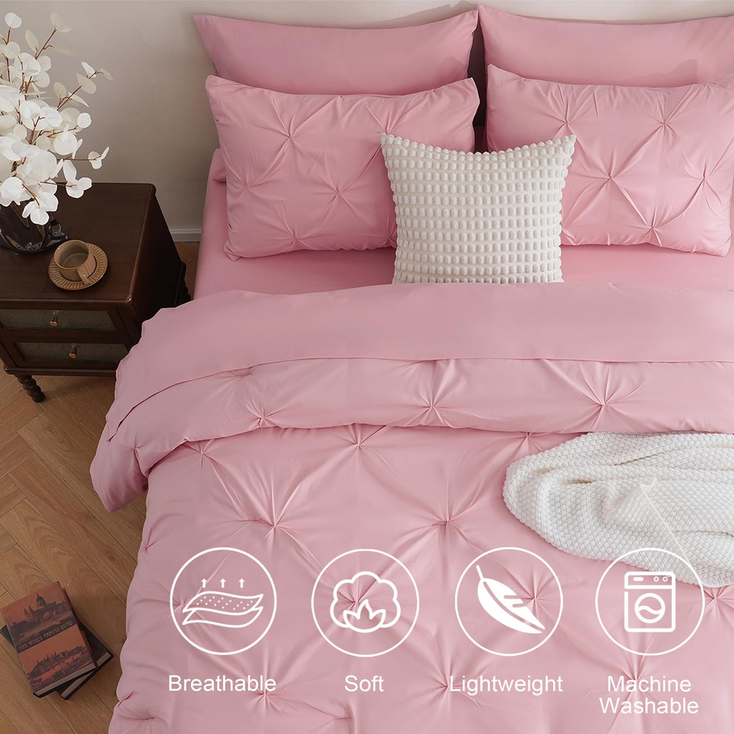 DOWNCOOL 7 Pieces Pink Queen Comforter Set, Pintuck Pinch Pleat Bed in a Bag, Soft Microfiber All Season Bedding Set for Bedroom with Sheets, Pillowcases & Shams