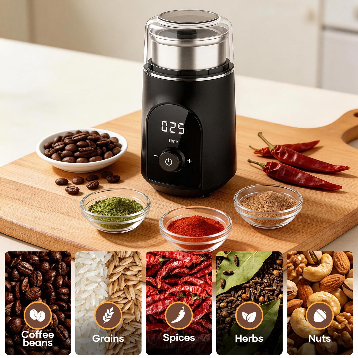 Spacefrog Coffee Bean Grinder Electric with Adjustable Coarse to Fine Smart Digital Timer, Low Noise, Sealed Safety Lid, 1x Removable Stainless Steel Cup & Anti-Vibration Base for Bean, Spices, Herbs