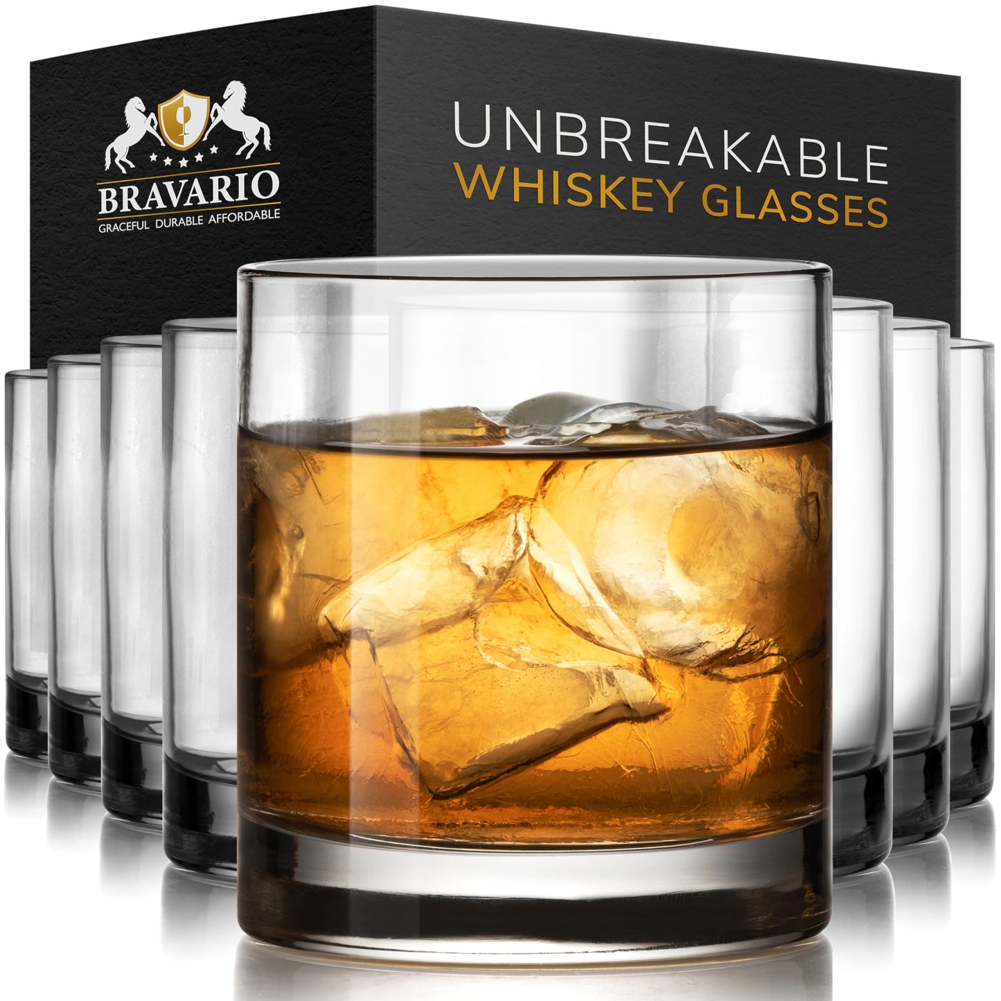 Bravario Unbreakable Whiskey Glasses, Plastic Rocks Glasses — 12.5 oz Clear Dishwasher Safe Tritan Old Fashioned Drinkware, Shatterproof BPA-Free Bourbon Cocktail Set of 8