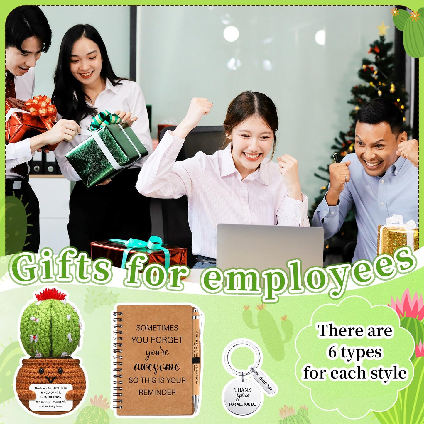 Wavwavw 6 Set Employee Appreciation Gifts Bulk, Gifts for Coworkers, Doll Crochet with Card Inspirational Journals with Retractable Bamboo Pens Thank You Keychains for Staff