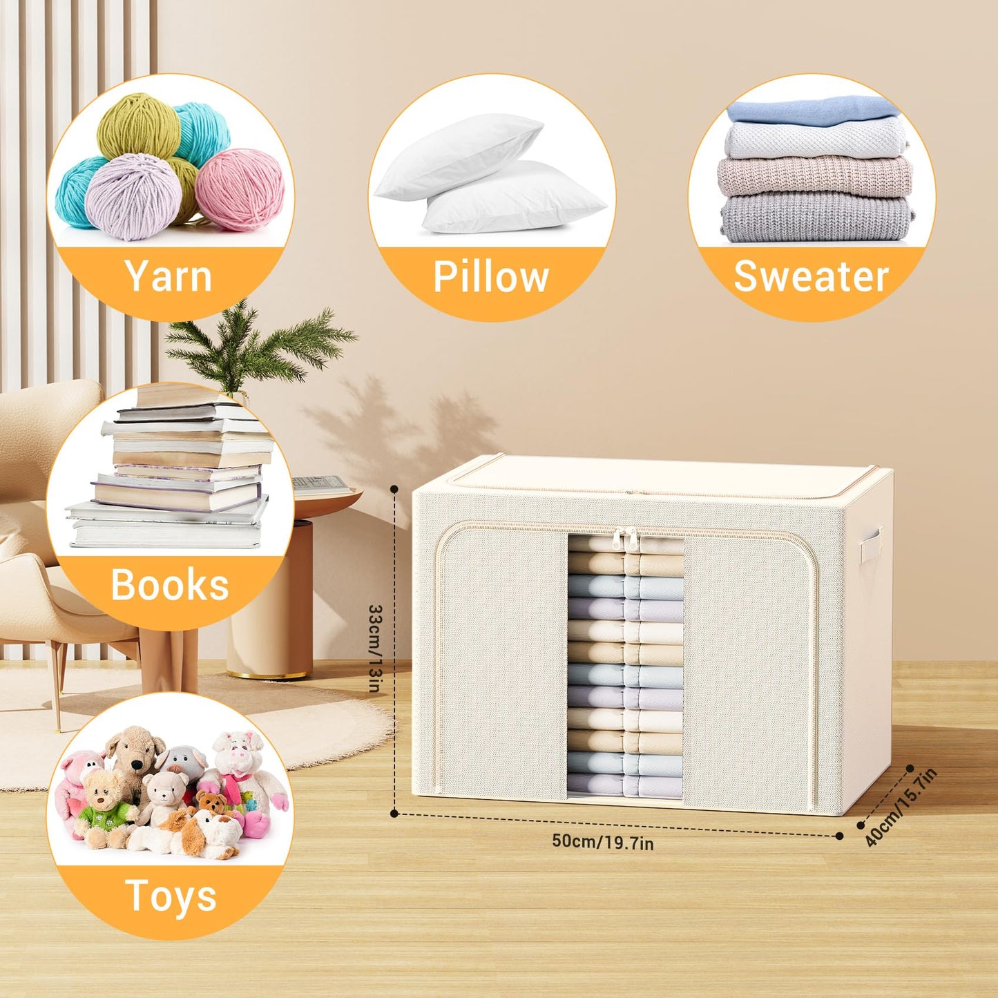 LeArex Clothes Storage Bins with Metal Frame, Foldable Clothes Organizers Storage Containers for Clothes, Sheets, Blankets, Pillows and Towels (66L, 3 Pack) Beige