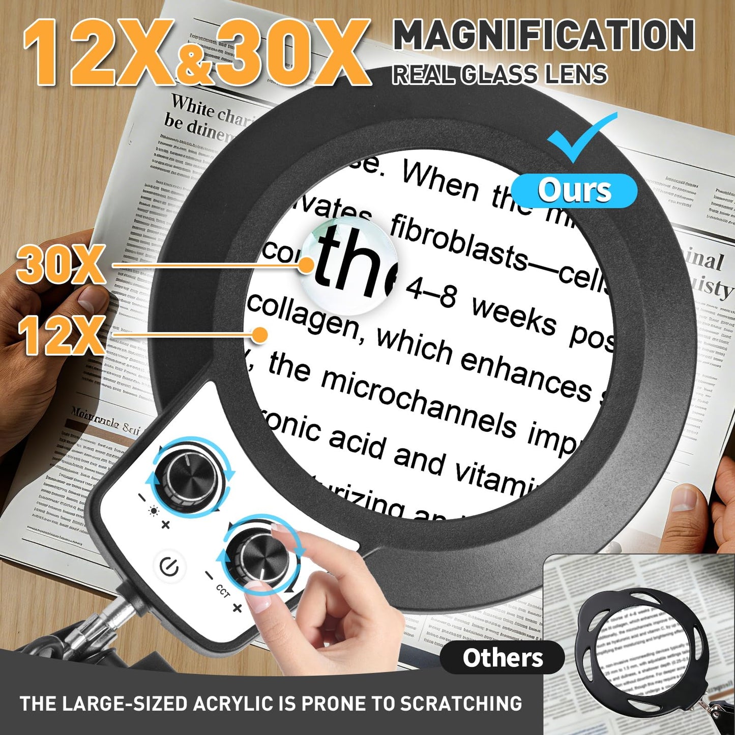 KMDES 30X 12X Magnifying Floor Lamp, 2 in 1 Magnifying Glass with Light and Stand for Craft, Repair, Sewing, Workbench, Magnifier Light Dual Knob Stepless Brightness Color Modes & Adjustable Height