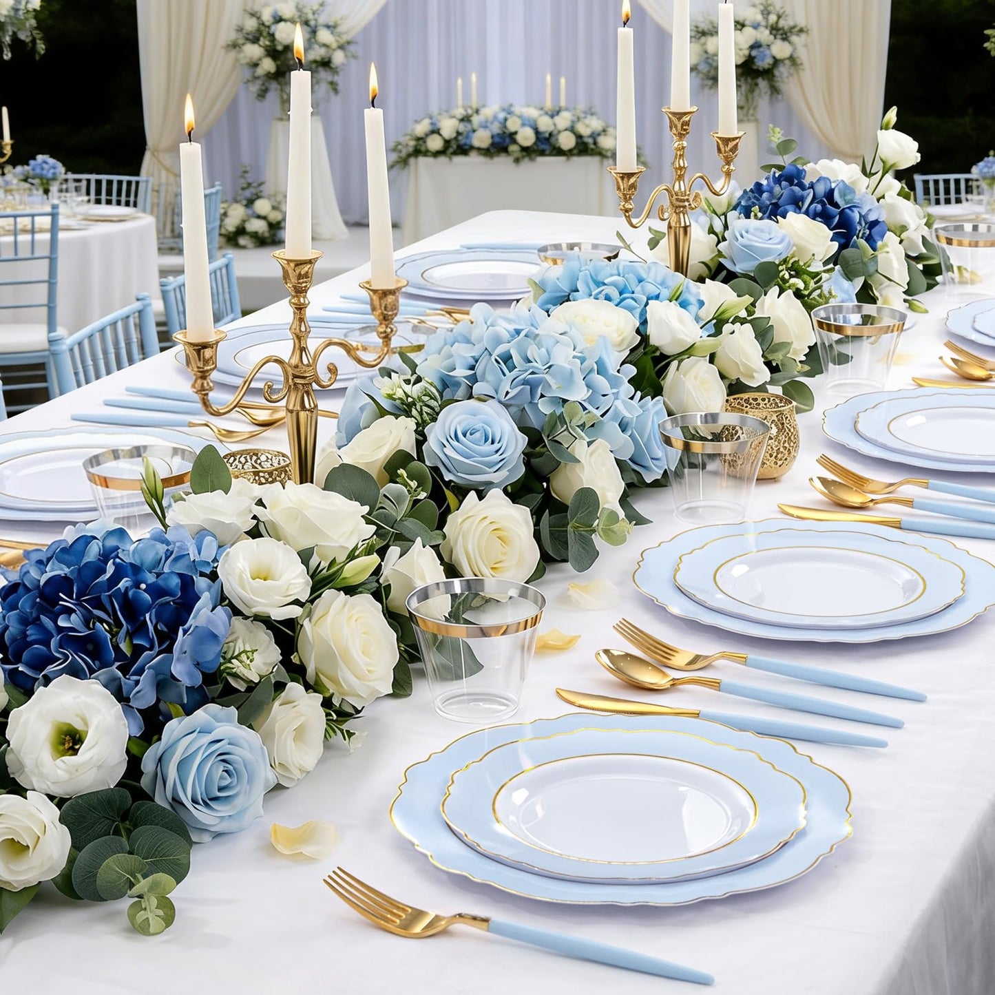 WDF 150pieces Baby Blue Plastic Plates with Gold Rim - Disposable Gold Plastic Silverware With Blue Handle-Baroque Light Blue&Gold Disposable Plates Dinnerware for Wedding/Party/Baby Shower