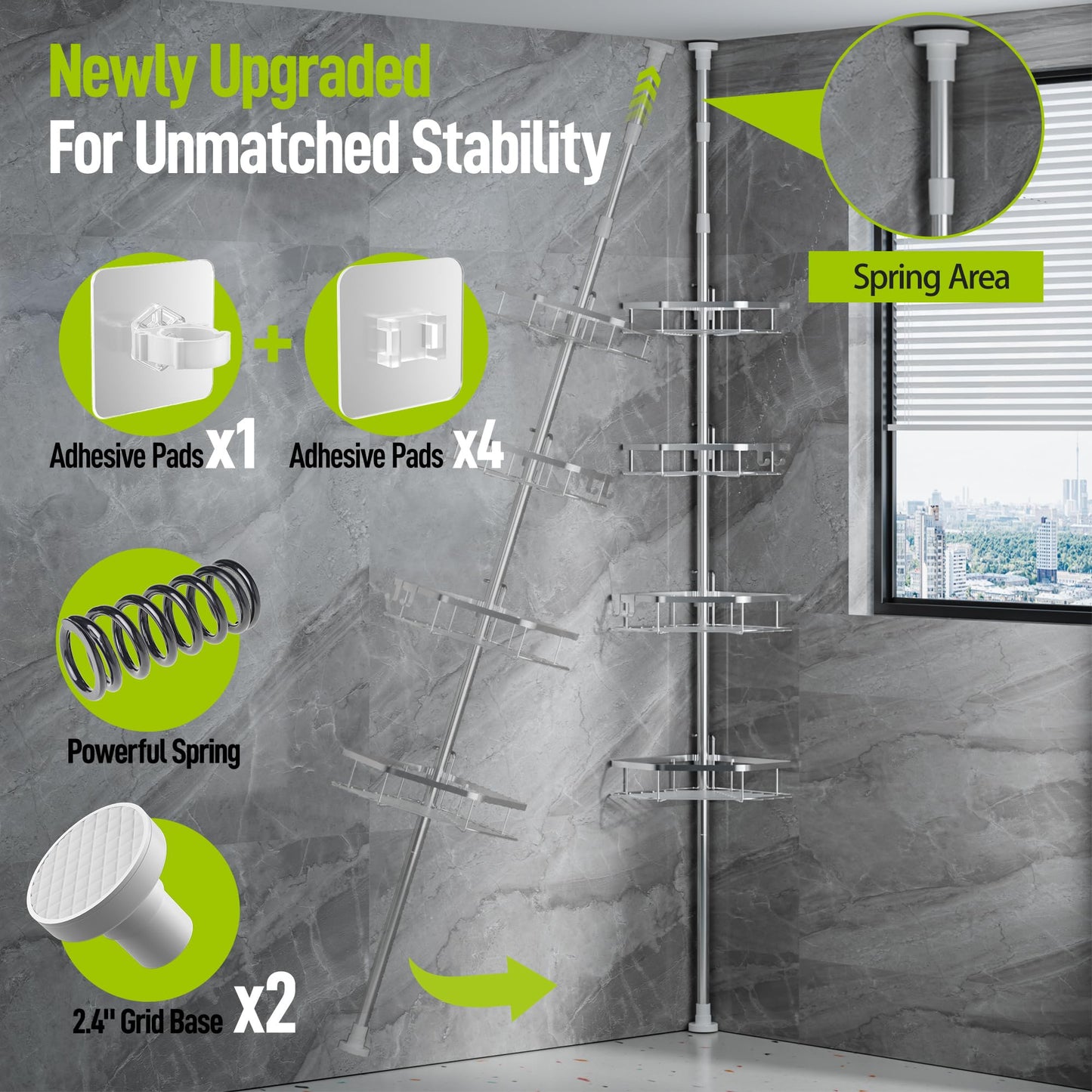 LAMU Shower Caddy Corner Tension Pole, Stainless Steel Shower Organizer, Strong Spring, 5 Adhesive Pads, 2.4 in Non-Slip Grid Base, Adjustable 4-Tier Basket, 4 Hooks, Fits Heights 37.8-124 in, Silver