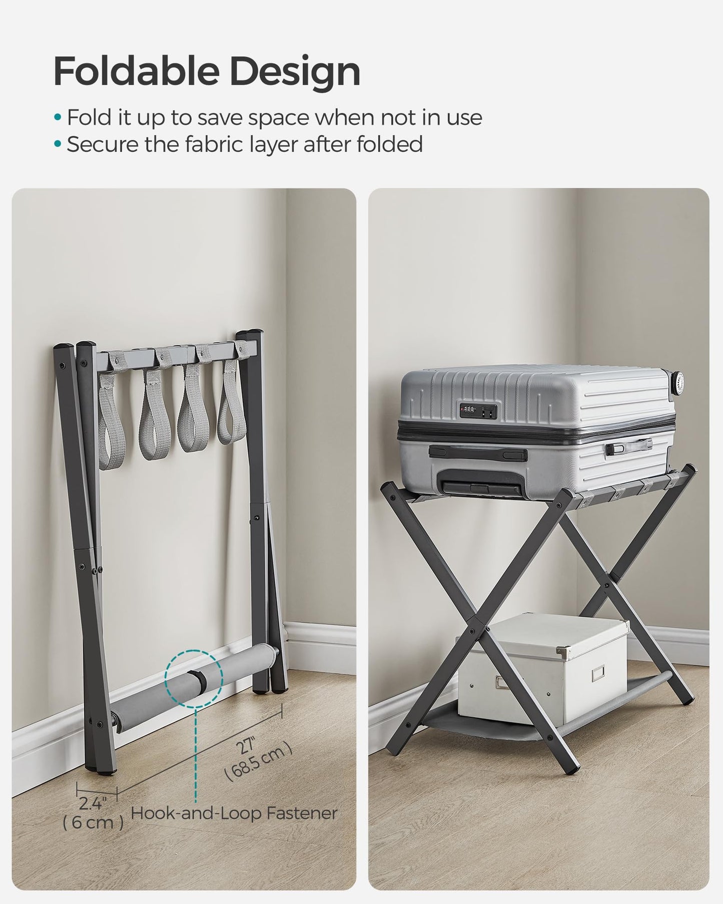 SONGMICS Luggage Racks for Guest Room, Set of 2, Suitcase Stand with Storage Shelf, Steel Frame, Foldable for Easy Storage, Hotel, Bedroom, Slate Gray URLR003G02