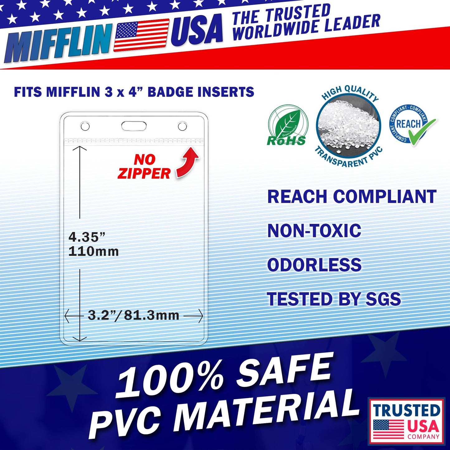 Mifflin-USA Plastic Vertical Card Holder (3x4 Inch, Clear, Bulk 250 Pack) Quick Load No Zipper Name ID Badge