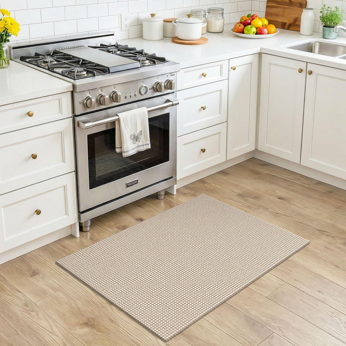 KOZYFLY Indoor Door Mat 2x3 ft Small Area Rugs Washable Front Door Mat Non Slip Rubber Backed Entryway Rug Cotton Entrance Doormat for Front Porch Bathroom Kitchen Bedroom, Ivory/Camel/Brown