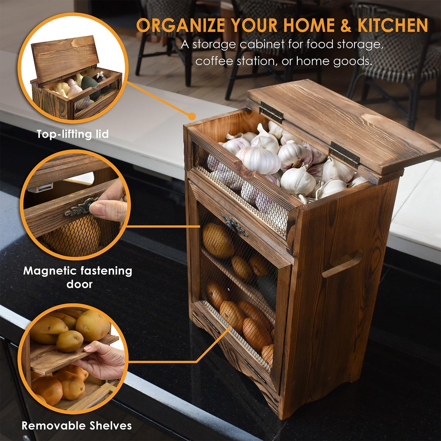 Ikee Design Free Assemble Wooden Countertop Potato and Onion Storage Bin Box,Countertop Cabinet, Wooden Bread Boxes, Potato Storage, Coffee Station, 11.8W x 6.8D x 16H in, Rustic Color