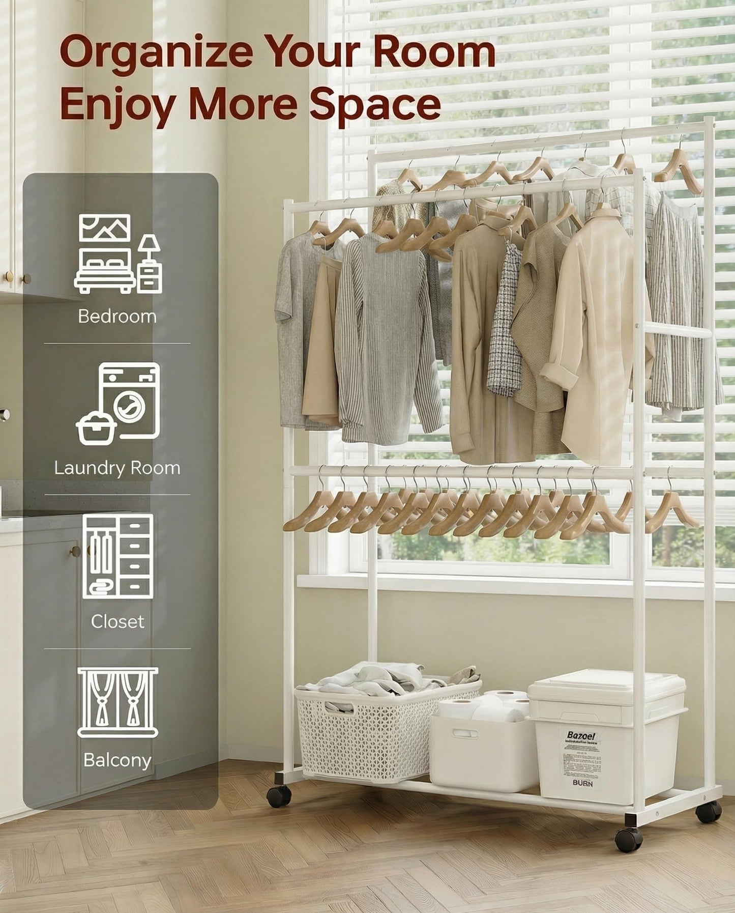 Heavy Duty Clothes Rack - 41.3" x 21.7" x 76.8", 4-Bar Double Rod Rolling Metal Clothing Rack for Hanging Clothes, Portable Garment Rack with Wheels for Bedroom Laundry, Closet Wardrobe, White