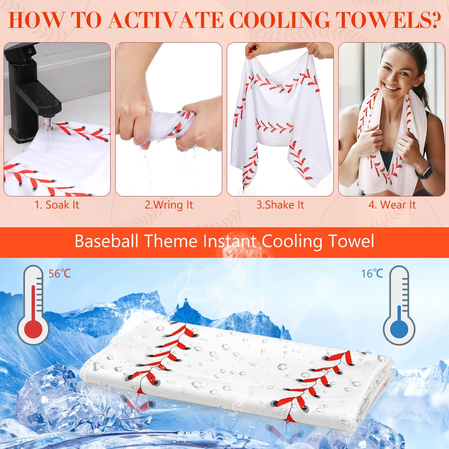 Tujoe 24 Pcs Sport Gifts, Includes 12 Pcs Cooling Towels 40"x12" Workout Towels, 12 Portable Fan Mini Handheld Fan for Team Gift Sport Party Favors, Battery Not Include(White,Baseball)
