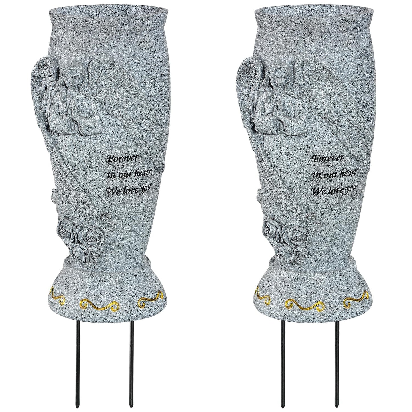 Cemetery Vase, Memorial Grave Vase with Ground Spikes, Angel Vases for Artificial Flowers, Grave Flowers Holder for Cemetery Headstone (2Pcs, Flowers are NOT Included)