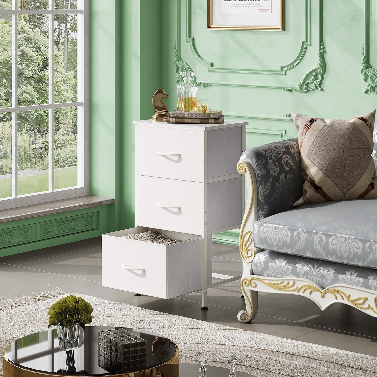 WLIVE Nightstand with 3 Drawers, Fabric Dresser, Organizer Unit, Storage Dresser for Bedroom, Hallway, Entryway, Closets, Sturdy Steel Frame, Wood Top, Easy Pull Handle, White