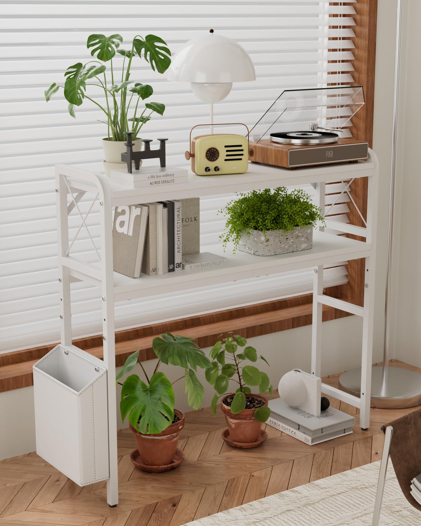 VERSASKY Desktop Shelves, Monitor Stand with Adjustable Shelves and Side Pockets, 2-Tier Desktop Bookshelf Organizer, Large Capacity Display Shelf Rack, Desk Hutch for Home Office, Study Room, White