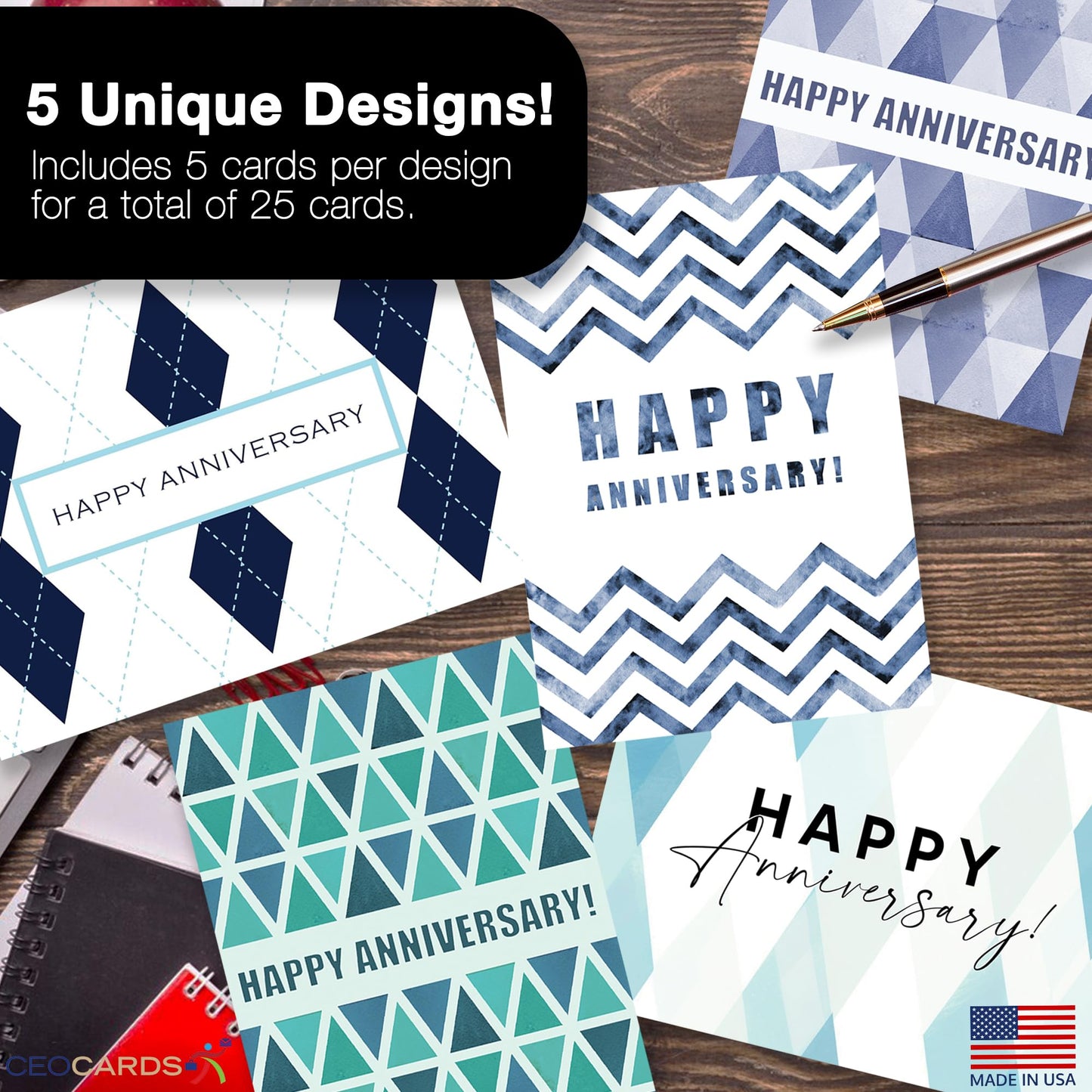Work Anniversary Cards Bulk Greeting Set (25 Card Variety Pack – 5 Designs) Includes Envelopes - 5x7 Inch Business Anniversary Cards for Employees, Coworkers & Office (VP2412)