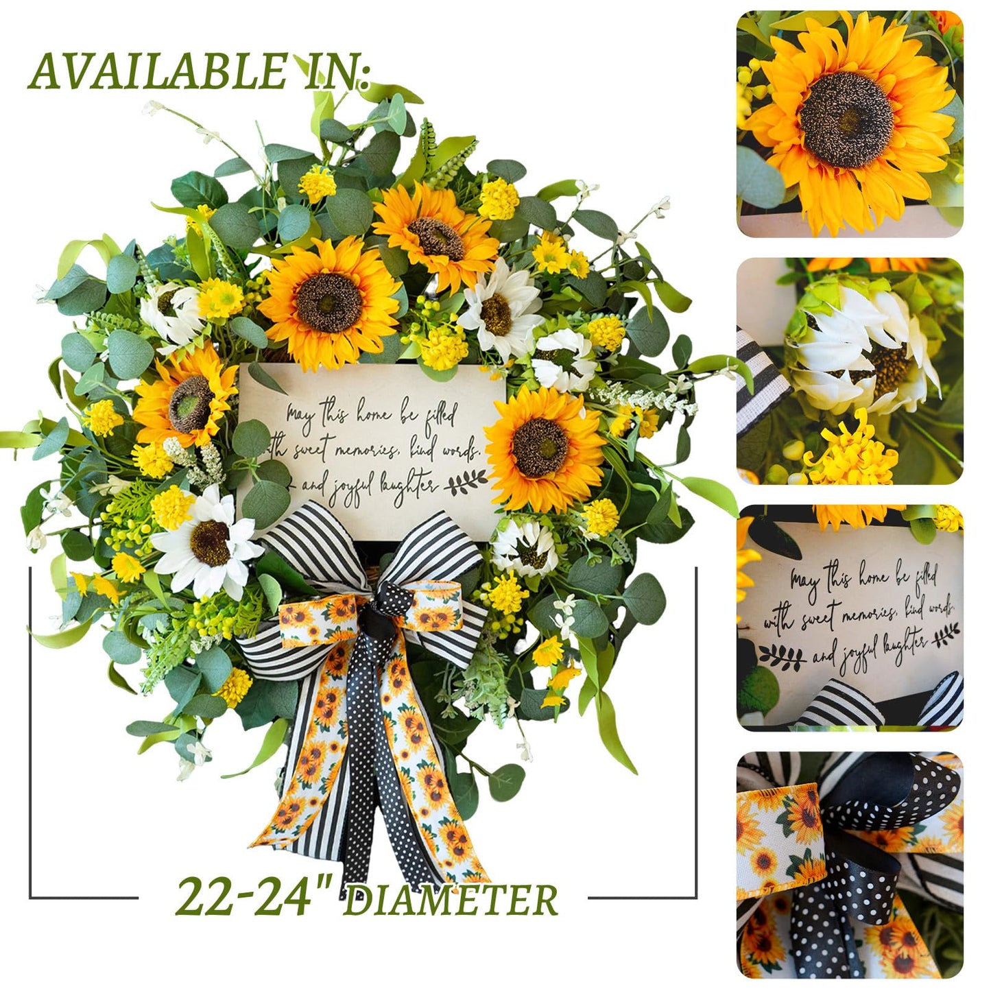 CHvista Spring Wreaths for Front Door 24 Inch Handmade Spring Summer Wreath with Artificial Sunflowers,Welcome Message Sign & Elegant Bow and White Yellow Daisy Wildflowers for Home,Porch&Gift Giving