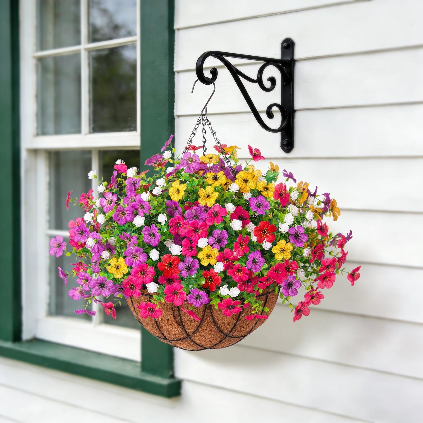 INXUGAO Artificial Silk Flowers Hanging Baskets Outdoors Indoors, Daisy with Eucalyptus Leaves Arrangement for Garden Yard Spring Summer Decor Faux Green Plant Metal Coconut Lining