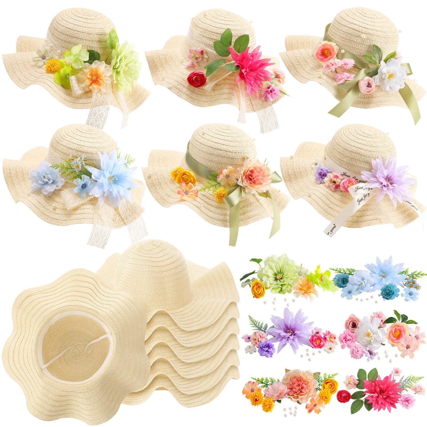 Funnysoft 6 Sets DIY Tea Party Straw Hats Kit DIY Straw Hat for Women Blank Sun Hats with Faux Flower Lace Ribbon for Adults Dress Up Party Camping Picnic Beach Trip Favor Crafts (Vivid Flower)