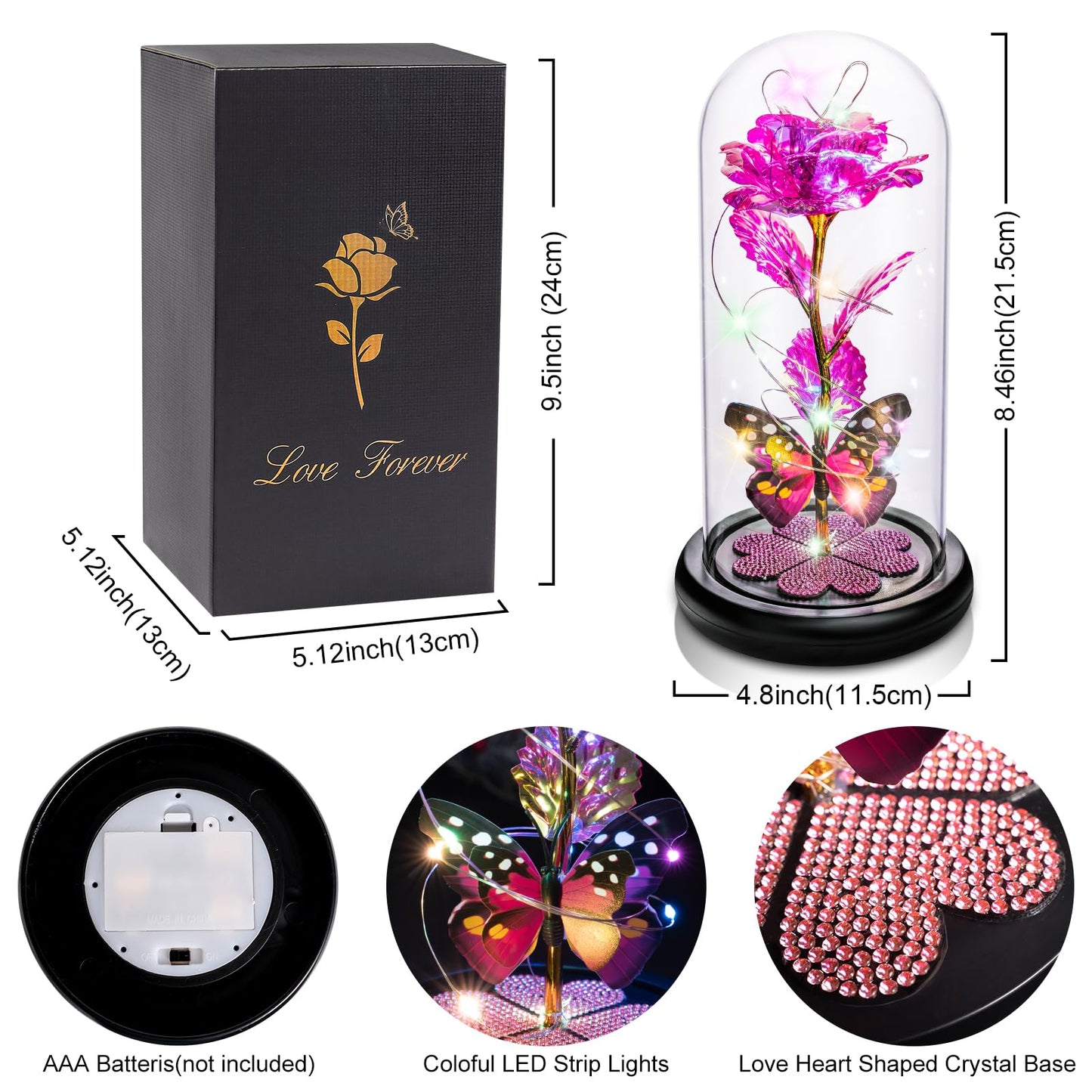 Mothers Day Mom Gifts for Mom Women Birthday Gift Galaxy Glass Rose in Glass Dome Forever Eternal Crystal Flowers with Butterfly Mother's Day Flowers Gifts for Women Wife Grandma Daughter Sister Pink