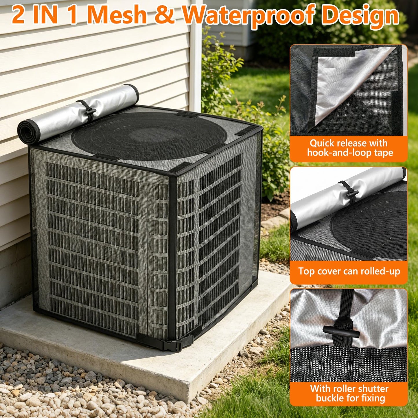 STARTWO 2 in 1 Full Mesh Air Conditioner Covers for Outside with Detachable Waterproof Fabric Top,All Season Outdoor AC Units Cover Against Leaves,Debris,Ice,Snow,36x36x40in