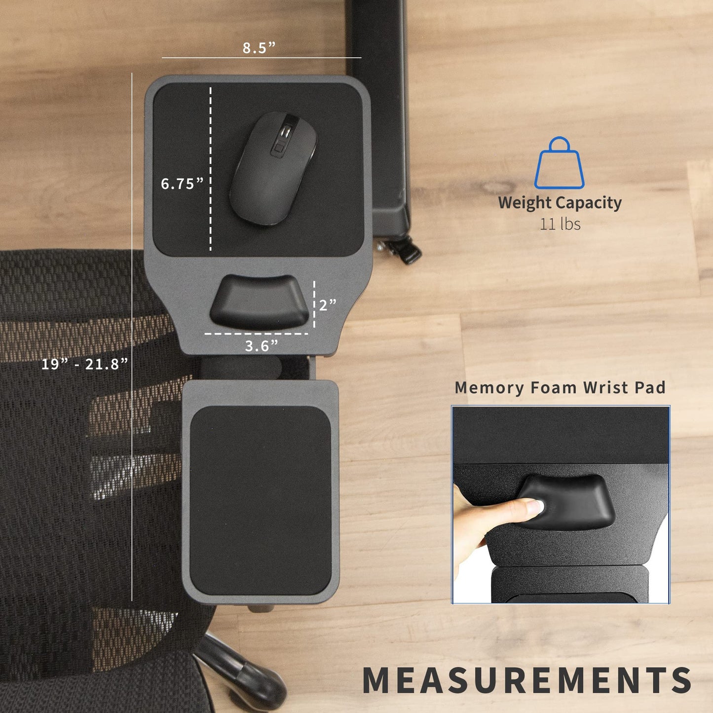 VIVO Wood Arm Rest Mouse Pad with Wrist Cushion, Adjustable Length Support Platform Tray, Chair Attachment Extension with Straps, Black, MOUNT-MS02D