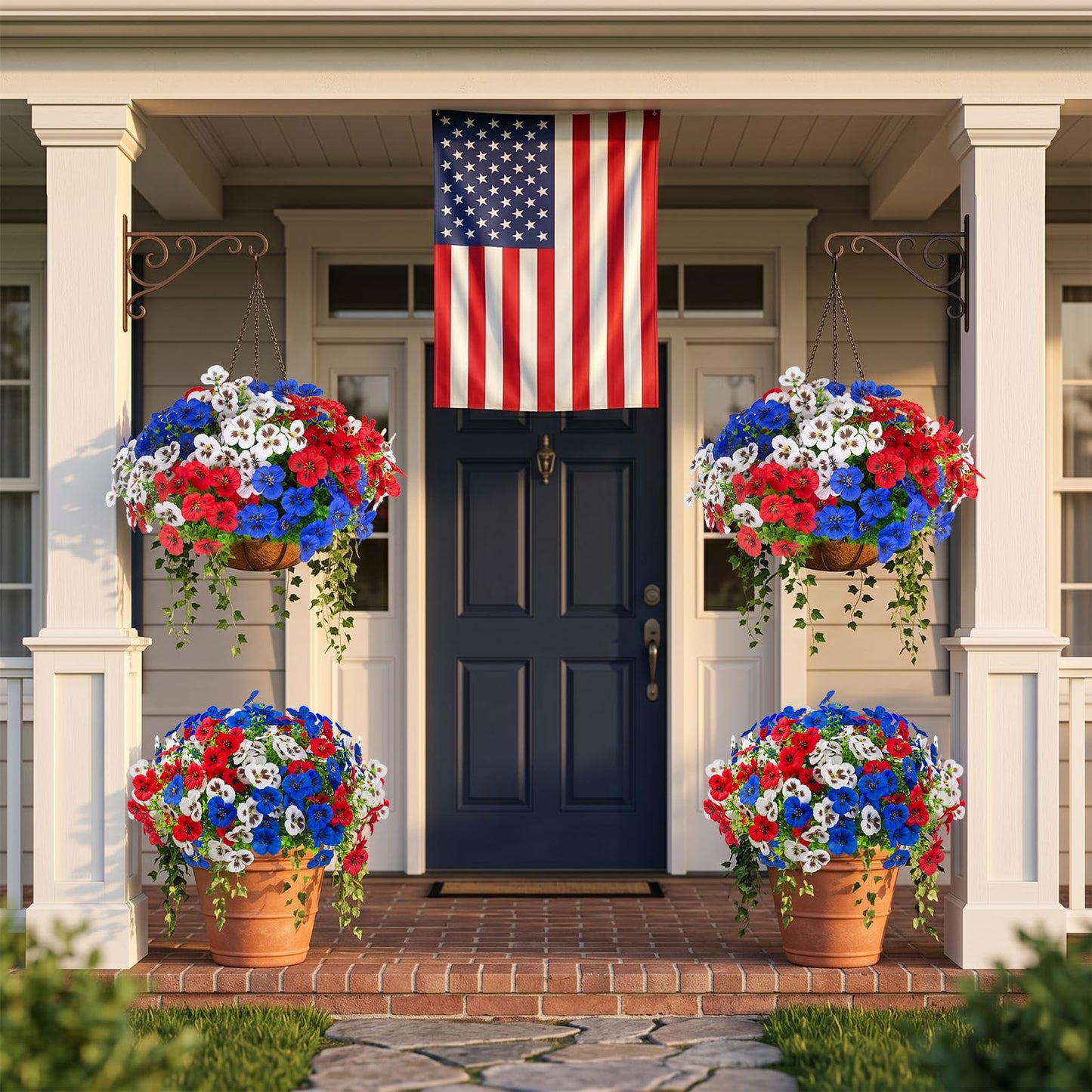lovemoon 2 Sets Artificial Hanging Pansies Flowers with Baskets, 24 Pcs Faux Patriotic Silk Pansy Outdoor Flower for Porch Patio Garden Home Summer 4th of July Decor (Y/P/W) (2, RedWhiteBlue)