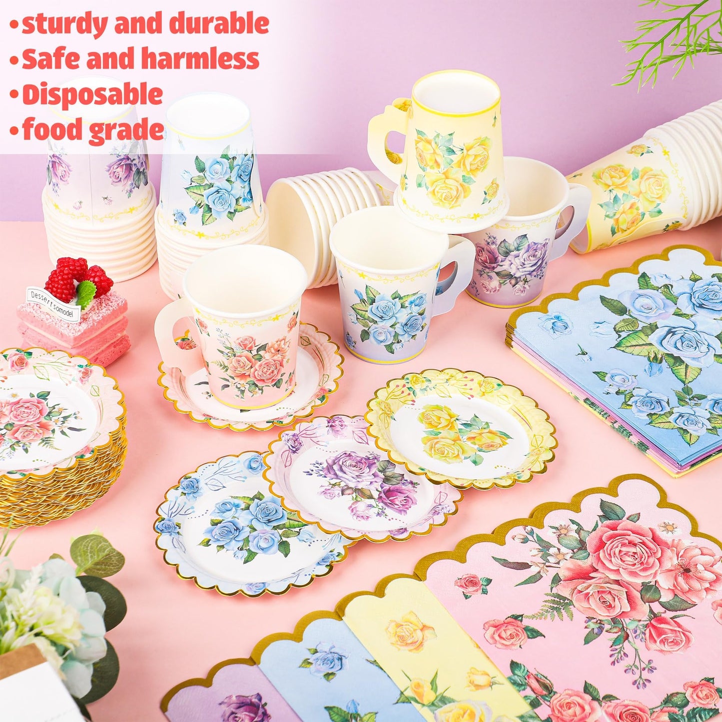 40 Set Floral Tea Cups and Saucers Disposable Tea Party Supplies Colorful Flower Teacups with Handle and Paper Napkins Dinnerware Set for Floral Theme Tea Party Birthday Wedding Bridal Shower Supply