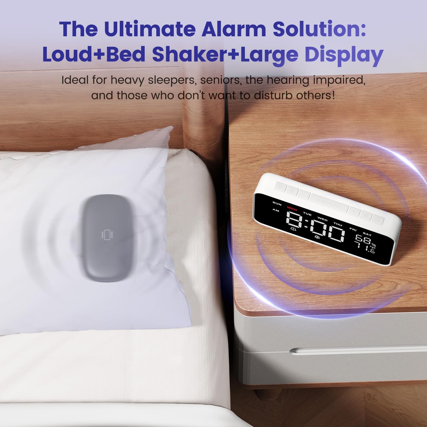 Dekala Bed Shaker Loud Alarm Clock for Heavy Sleepers Adults, Vibrating Dual Alarm Clocks for Bedrooms, Large Display Auto Dimmer,Temperature & Humidity Detect, 7-Day Programmable, Ideal Gift