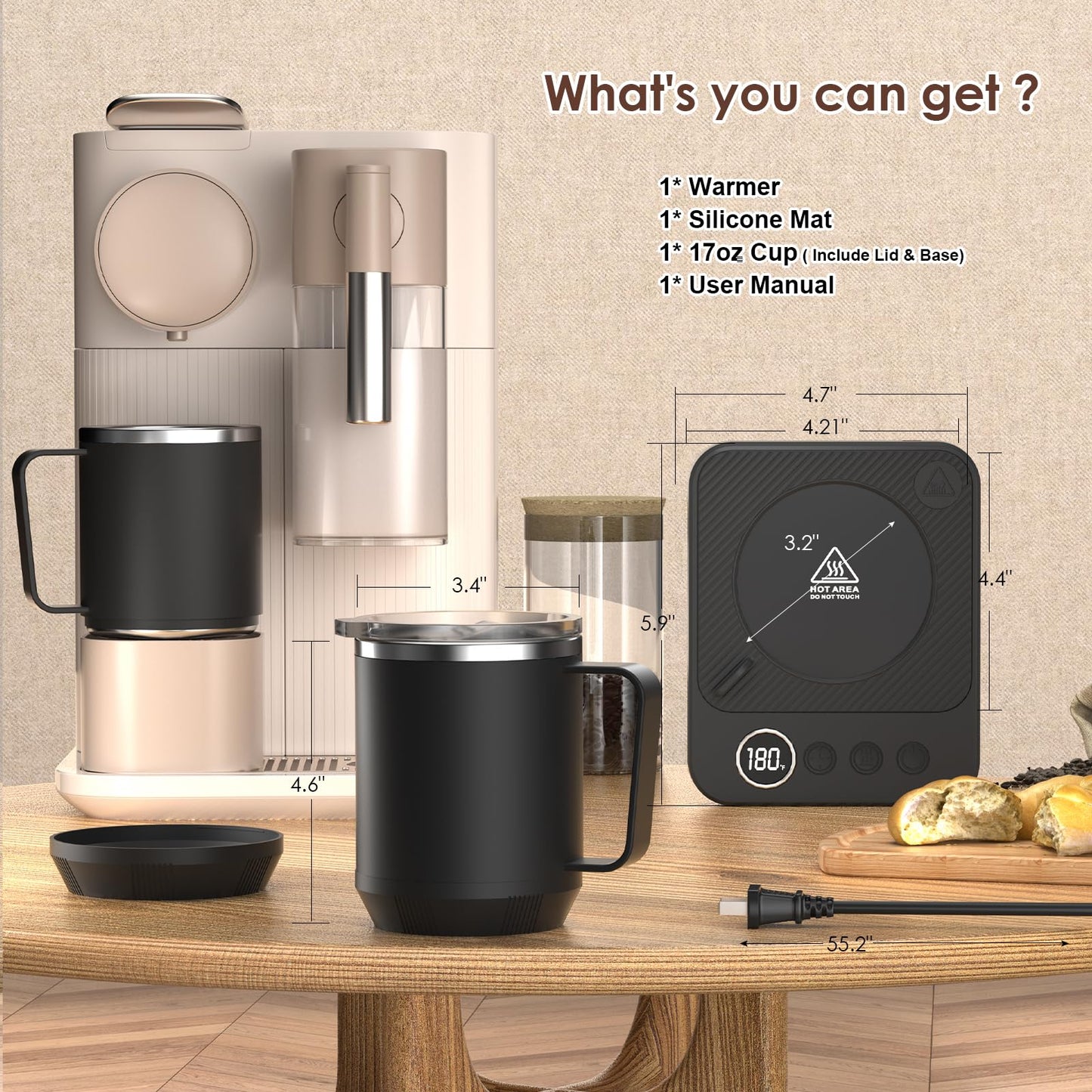 Felibeaco Coffee Mug Warmer & Mug Set for Desk, Smart Coffee Cup Warmer with 16oz Heated Mug, Cup Heater with Auto Shut Off for Office/Home, Coffee Gifts for Men&Women, for mom,Black